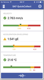 Ekran smartfona podczas pracy oprogramowania QuickCollect, po lewej parametry bieżące, po prawej wygenerowane widmo drgań obwiedni przyspieszenia.