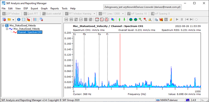 Ekran oprogramowania SKF Analysis and Reporting Manager (z zaimportowanymi danymi z QuickCollect)