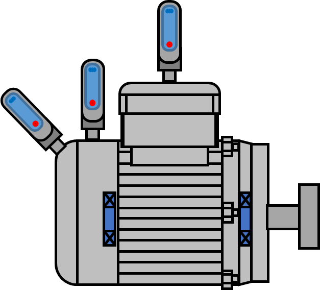 Przykłady nieprawidłowych pozycji czujnika (nie należy mierzyć drgań poprzez dodatkowe osłony, w miejscach znacznie oddalonych od łożysk itd.)